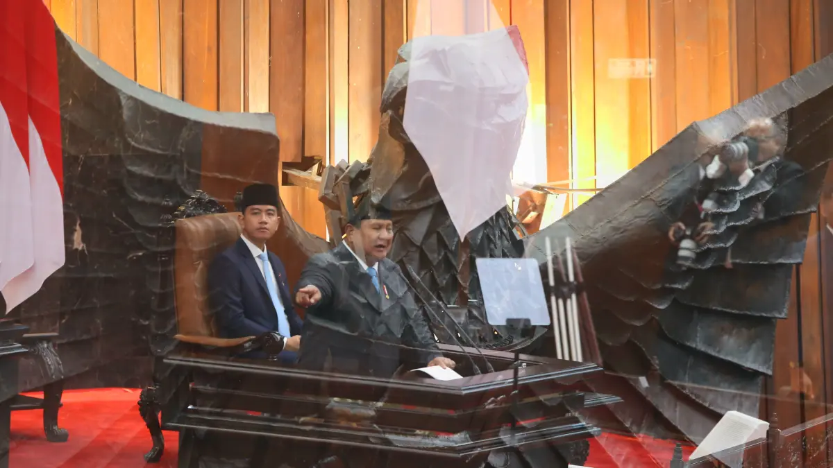 Presiden Prabowo Subianto menyampaikan pidato dalam Rapat Paripurna ke-19 DPR RI Masa Persidangan V Tahun Sidang 2025-2026 di kompleks Parlemen, Jakarta, Rabu (20/5/2026). (Dery Ridwansah/ JawaPos.com)