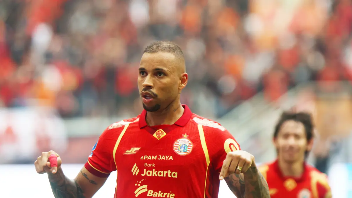 Selebrasi Pemain Persija Jakarta Gustavo Almeida Dos Santos usai membobol gawang Semen Padang saat Indonesia Super League di Jakarta International Stadium (JIS), Jakarta, Sabtu (23/5/2026). (Dery Ridwansah/ JawaPos.com)