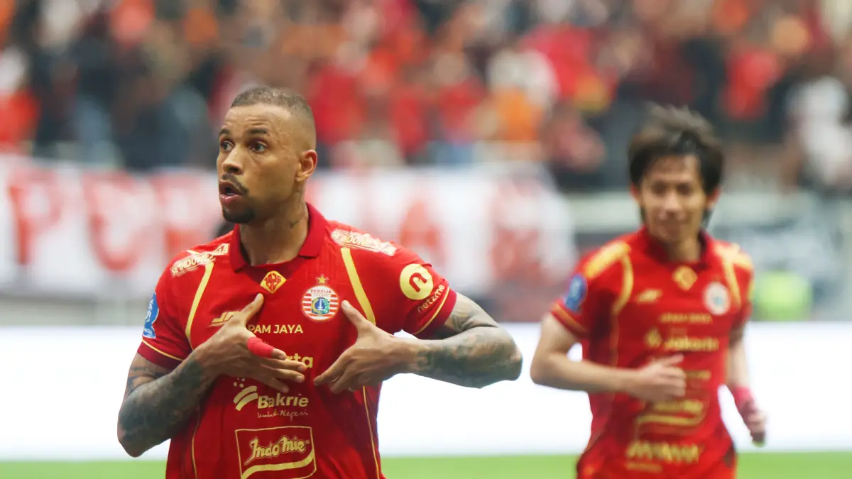 Selebrasi Pemain Persija Jakarta Gustavo Almeida Dos Santos usai membobol gawang Semen Padang saat Indonesia Super League di Jakarta International Stadium (JIS), Jakarta, Sabtu (23/5/2026). (Dery Ridwansah/ JawaPos.com)
