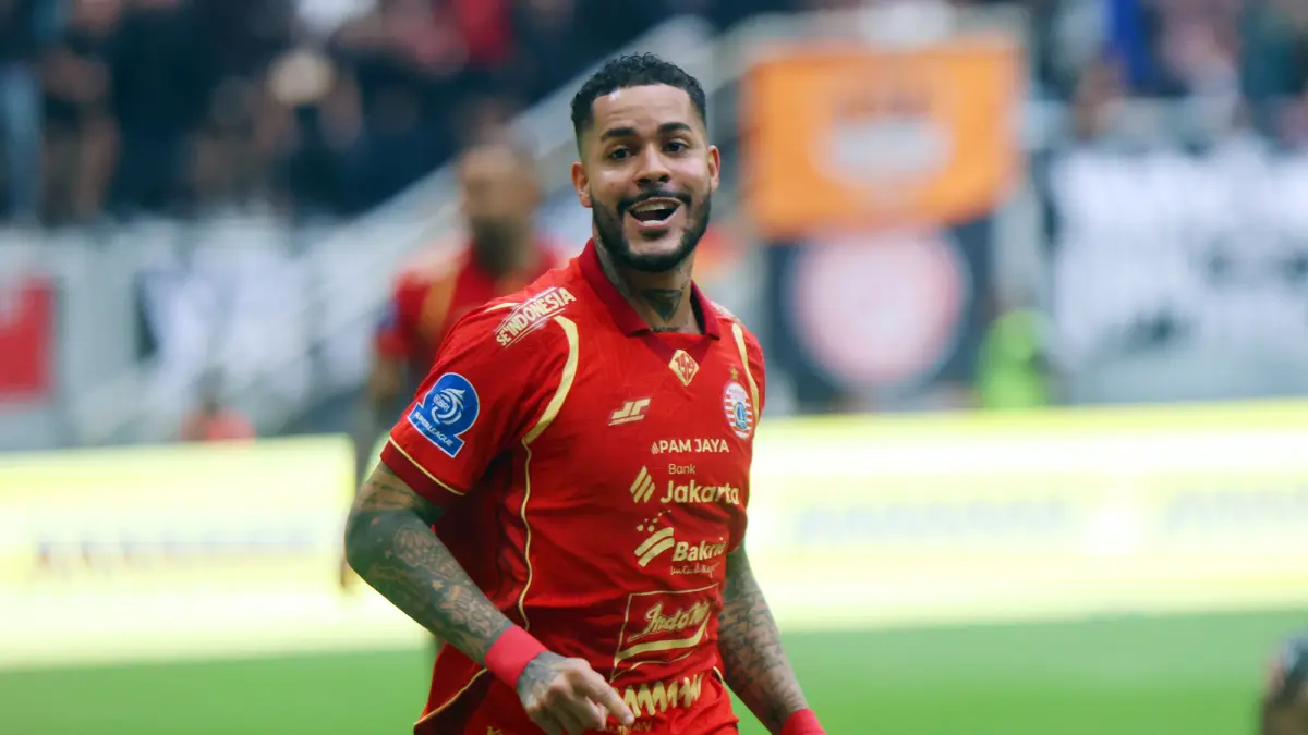 Selebrasi Pemain Persija Jakarta Maxwell saat membobol gawang Semen Padang di Indonesia Super League di Jakarta International Stadium (JIS), Jakarta, Sabtu (23/5/2026). (Dery Ridwansah/ JawaPos.com)