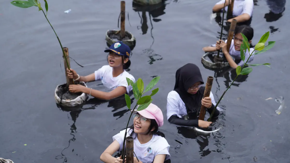 Siswa SMA dan SMK di Jakarta melakukan penanaman Mangrove di Taman Wisata Alam Angke Kapuk, Jakarta Utara, Sabtu (23/5/2026).