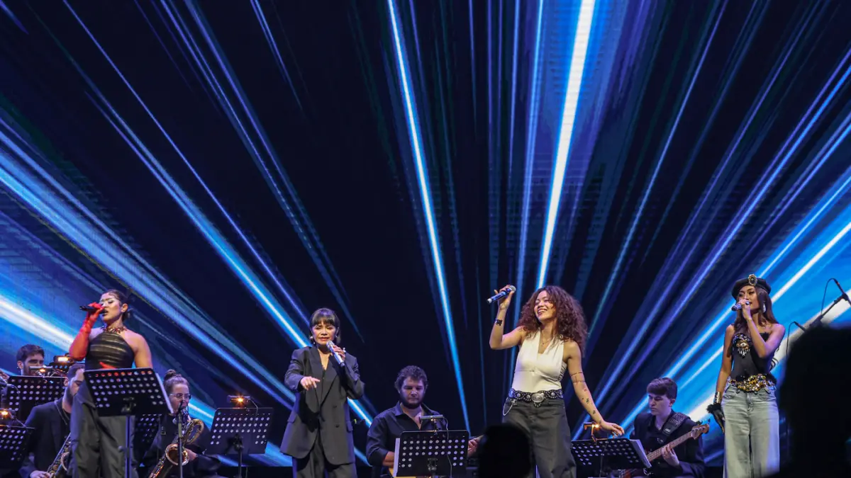 Dari kiri Dira Sugandi, Ruth Sahanaya, Moneva dan Novia Bachmid tampil di acara Java Jazz Internasional, Jakarta, Jumat (29/05/2026). (Hanung Hambara/Jawa Pos)