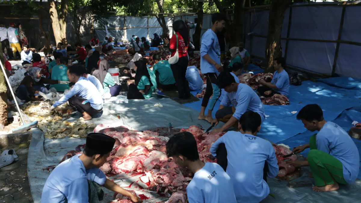 Petugas dan tim jagal menyelesaikan penyembelihan 15 sapi dan 28 kambing kurban di kompleks Masjid Agung Jawa Tengah,Kota Semarang Kamis (28/5/2026). (Nur Chamim/ JawaPos.com)