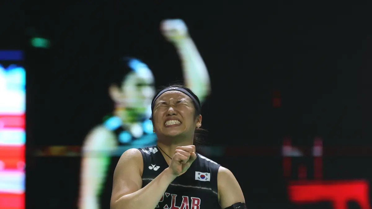Selebrasi Tunggal Putri Korea Selatan, An Se Young usai menang atas Akane Yamaguchi di Final Indonesia Open 2026, Jakarta, (6/6/2026). (Dery Ridwansah/ JawaPos.com)