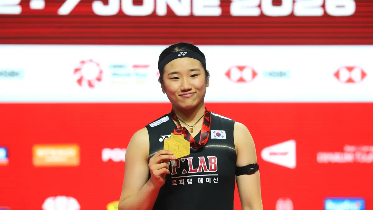 Tunggal Putri Korea Selatan, An Se Young usai menang atas Akane Yamaguchi di Final Indonesia Open 2026, Jakarta, (6/6/2026). (Dery Ridwansah/ JawaPos.com)