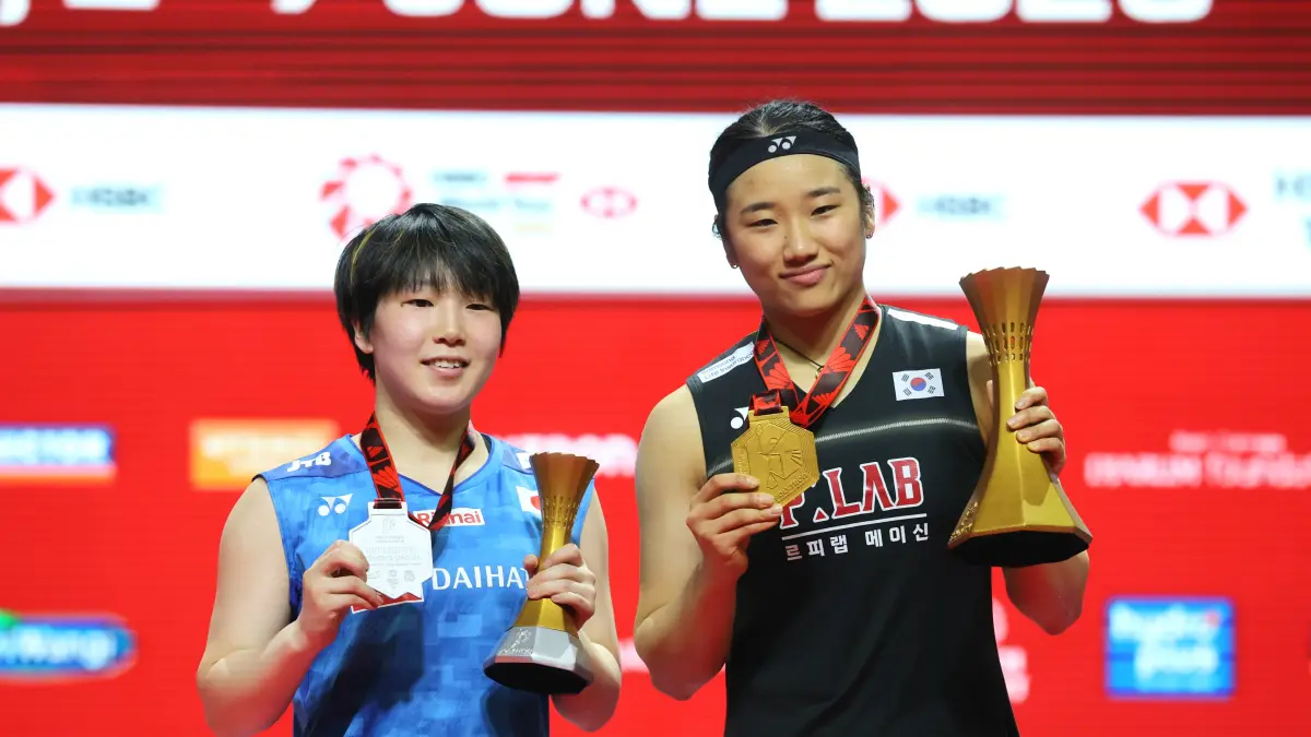 Tunggal Putri Korea Selatan, An Se Young usai menang atas Akane Yamaguchi di Final Indonesia Open 2026, Jakarta, (6/6/2026). (Dery Ridwansah/ JawaPos.com)
