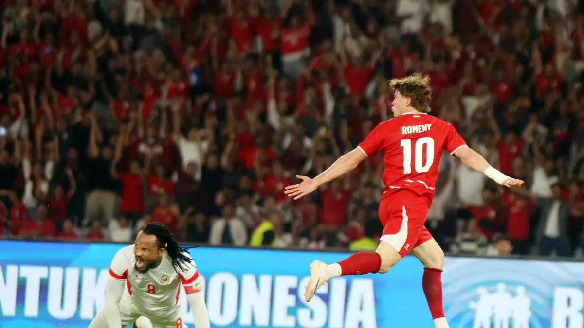 Selebrasi gol dari Pemain sepak bola Timnas Indonesia Ole Romeny saat betanding melawan Mozambik dalam laga FIFA Matchday di Stadion Utama Gelora Bung Karno (SUGBK), Senayan, Jakarta, Selasa (9/6/2026). (Dery Ridwansah/ JawaPos.com)