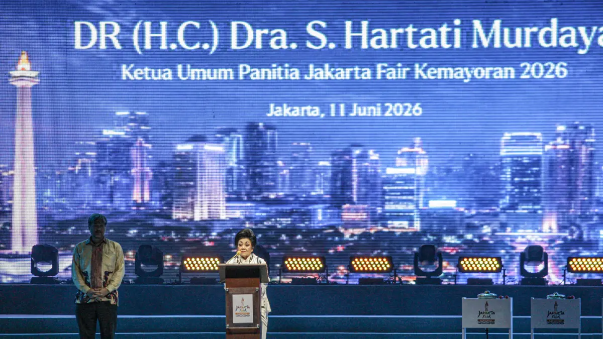 Ketum Panitia Jakarta Fair 2026 Siti Hartati Murdaya menyampaikan sambutannya saat pembukaan Jakarta Fair 2026 di Kemayoran, Jakarta, Kamis (11/06/2026). (Hanung Hambara/ Jawa Pos)