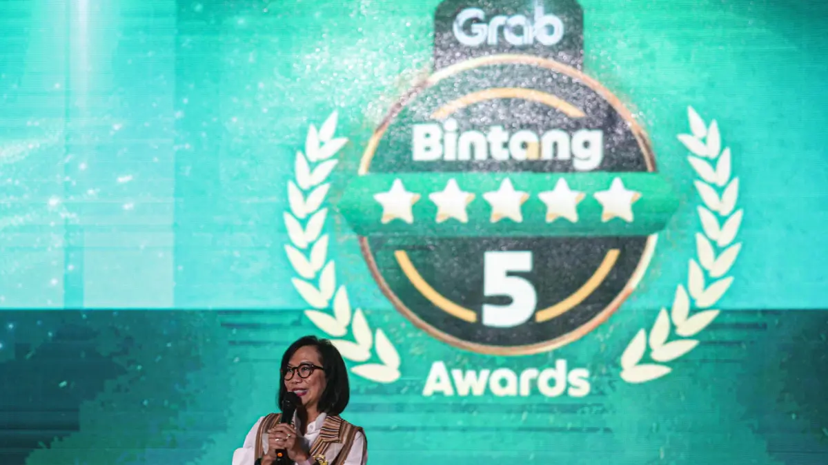 CEO Grab Indonesia Neneng Goenadi menyampaikan sambutannya saat acara penganugrahan Grab Bintang 5 di Jakarta, Jumat (12/06/2026). (Hanung Hambara/ Jawa Pos)