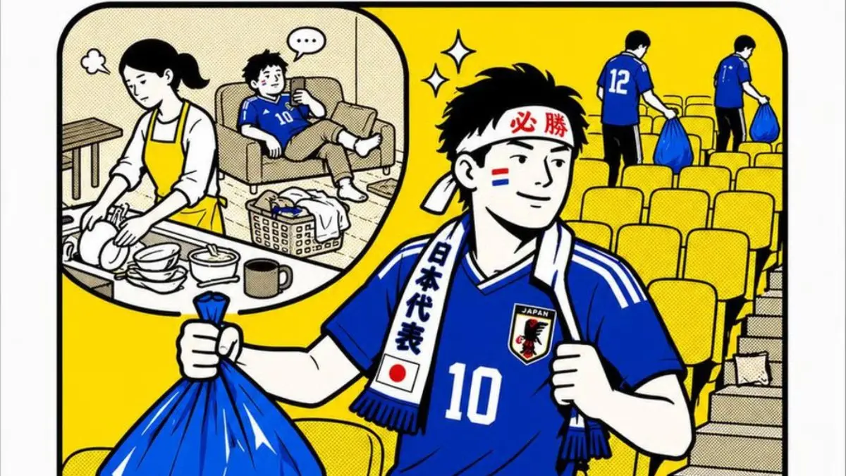 Meme yang menyindir aksi suporter Timnas Jepang. (@atsukotamada/X). - Image