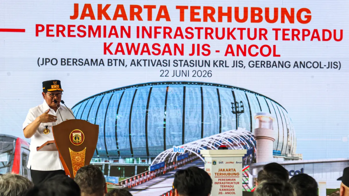 Gubernur DKI Jakarta Pramono Anung menyampaikan sambutannya saat peresmian Stasiun JIS, Jakarta, Senin (22/06/2026). (Hanung Hambara/Jawa Pos)