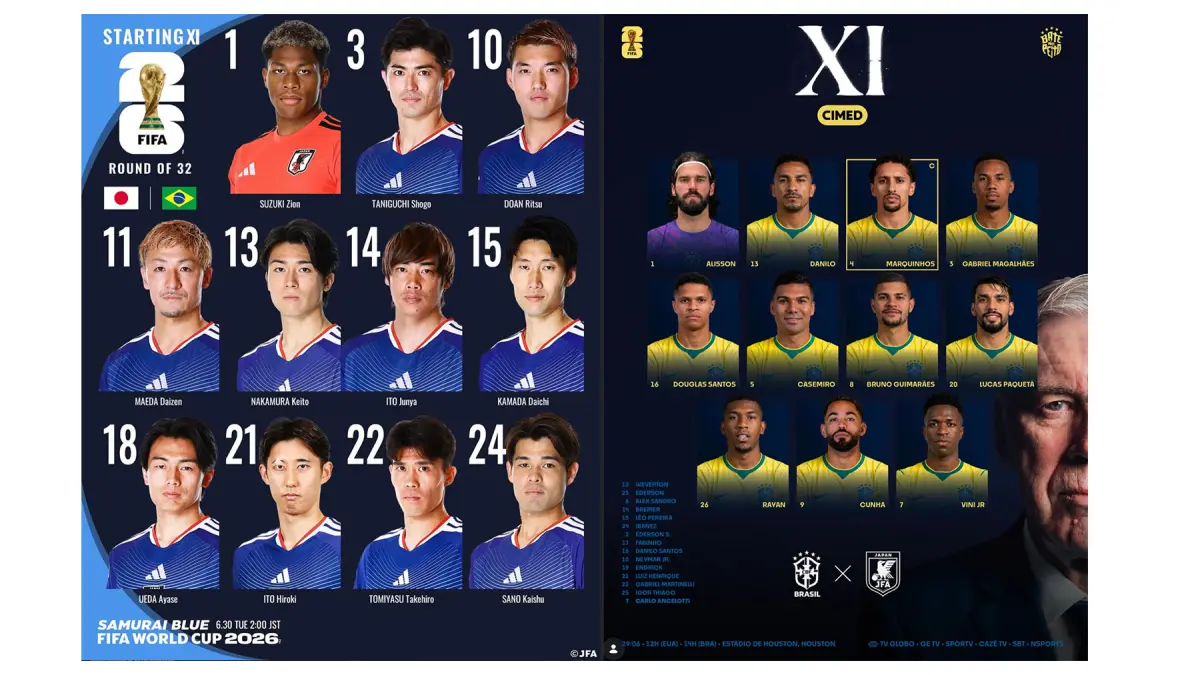 Starting XI Brasil vs Jepang di Babak 32 Besar Piala Dunia 2026: Ancelotti Tak Lakukan Perubahan, Moriyasu Beri Kejutan