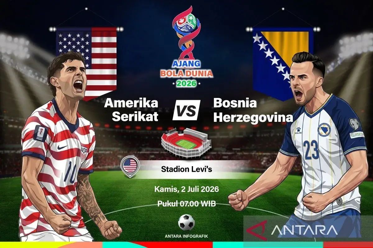 Grafik ilustrasi pertandingan 32 besar Piala Dunia 2026 antara Amerika Serikat melawan Bosnia dan Herzegovina yang dijadwalkan berlangsung di Stadion Levi