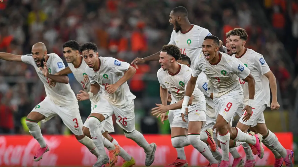 Pemain Maroko merayakan kemenangan usai memastikan tiket ke babak 16 besar Piala Dunia 2026. Singa Atlas kembali diunggulkan saat menghadapi Kanada di Houston Stadium. (Instagram @equipedumaroc_ - Image