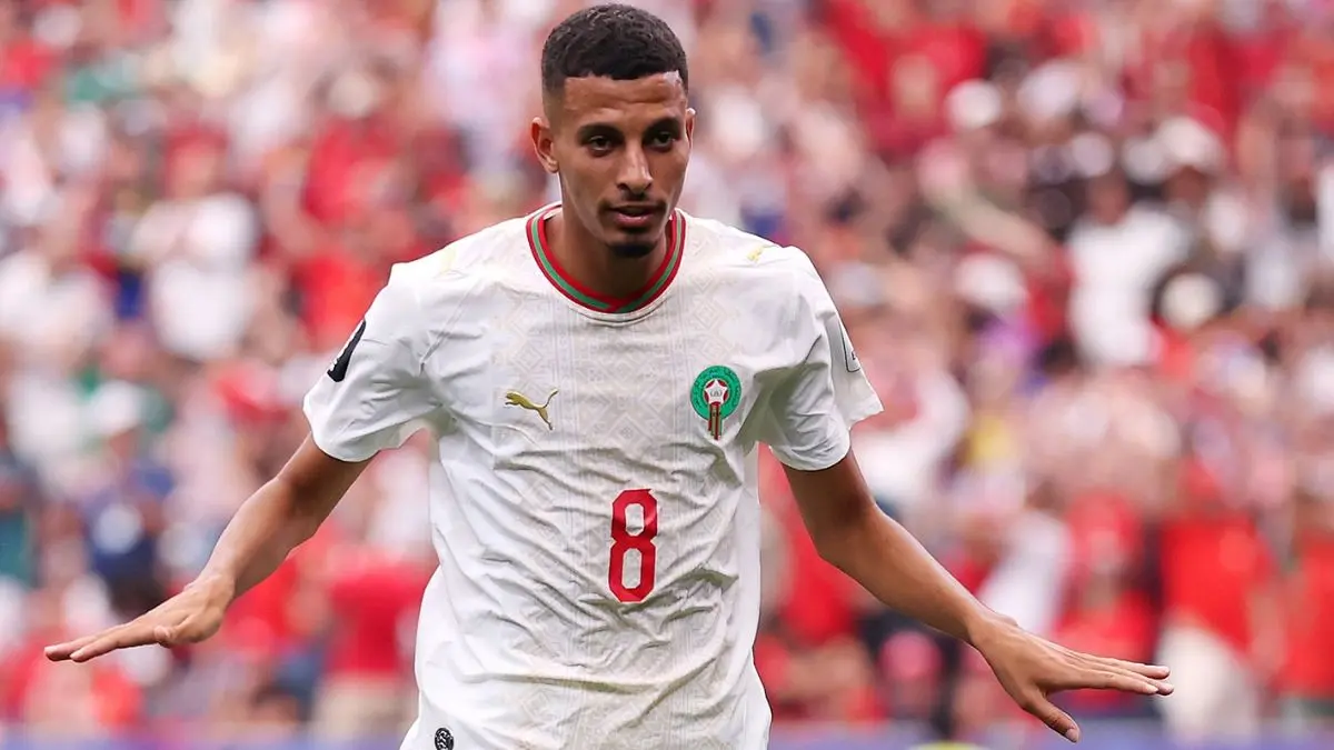 Azzedine Ounahi merayakan gol setelah membawa Maroko menang 3-0 atas Kanada dan lolos ke perempat final Piala Dunia 2026. (Instagram @equipedumaroc) - Image