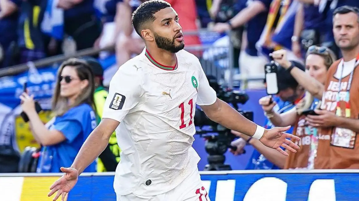 Ismael Saibari merayakan gol cepat yang membawa Maroko mengalahkan Skotlandia 1-0 pada laga Grup C Piala Dunia 2026 di Gillette Stadium. (Dok. Instagram @equipedumaroc) - Image