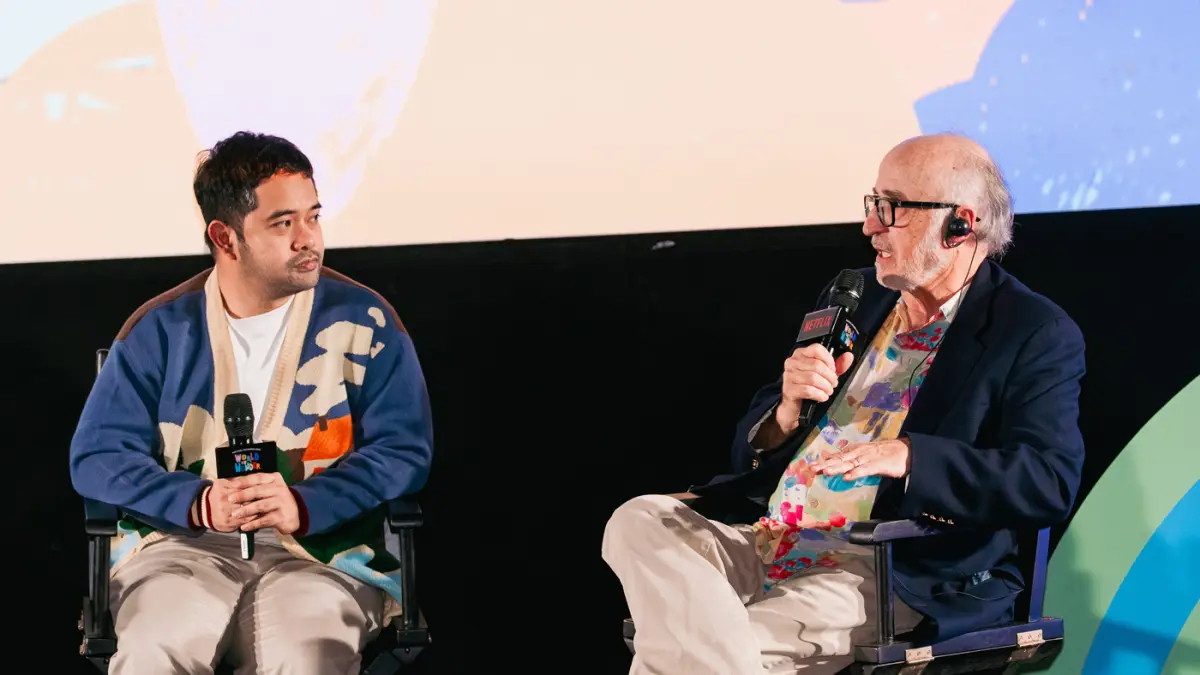 Ryan Adriandhy, Penulis dan Sutradara, Jumbo dan Na Willa bersama Andrew Guerdat dalam sesi diskusi panel Netflix Family Festival 2026_ World of Wonder
