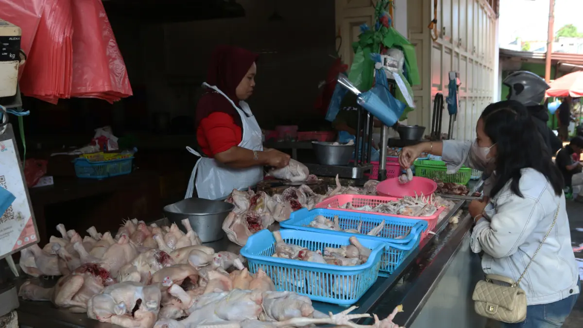 Pedagang melayani pembeli ayam potong UD Santoso di Pasar Peterongan,Kota Semarang, Jawa Tengah,Selasa (21/7/2026). (Nur Chamim/Jawa Pos Radar Semarang)