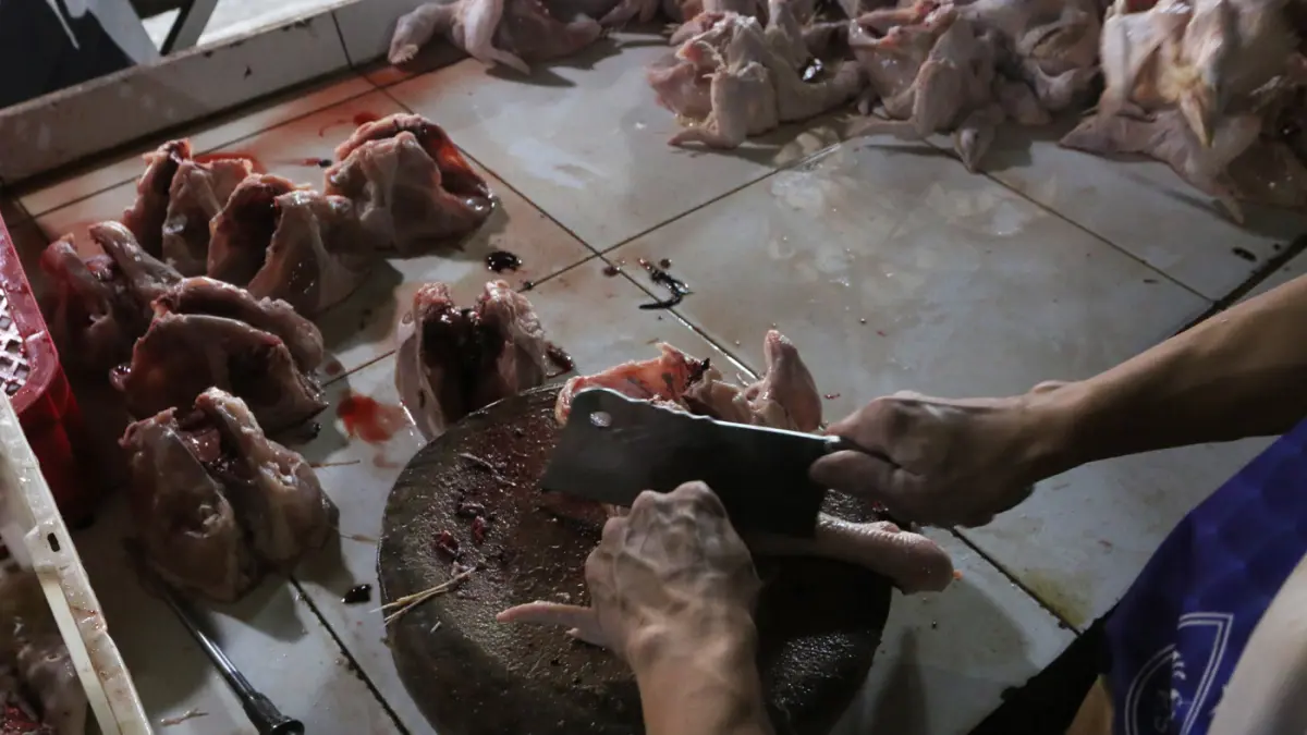 Pedagang saat mempotong ayam di Pasar Peterongan, Kota Semarang, Jawa Tengah, Selasa (21/7/2026). (Nur Chamim/Jawa Pos Radar Semarang)