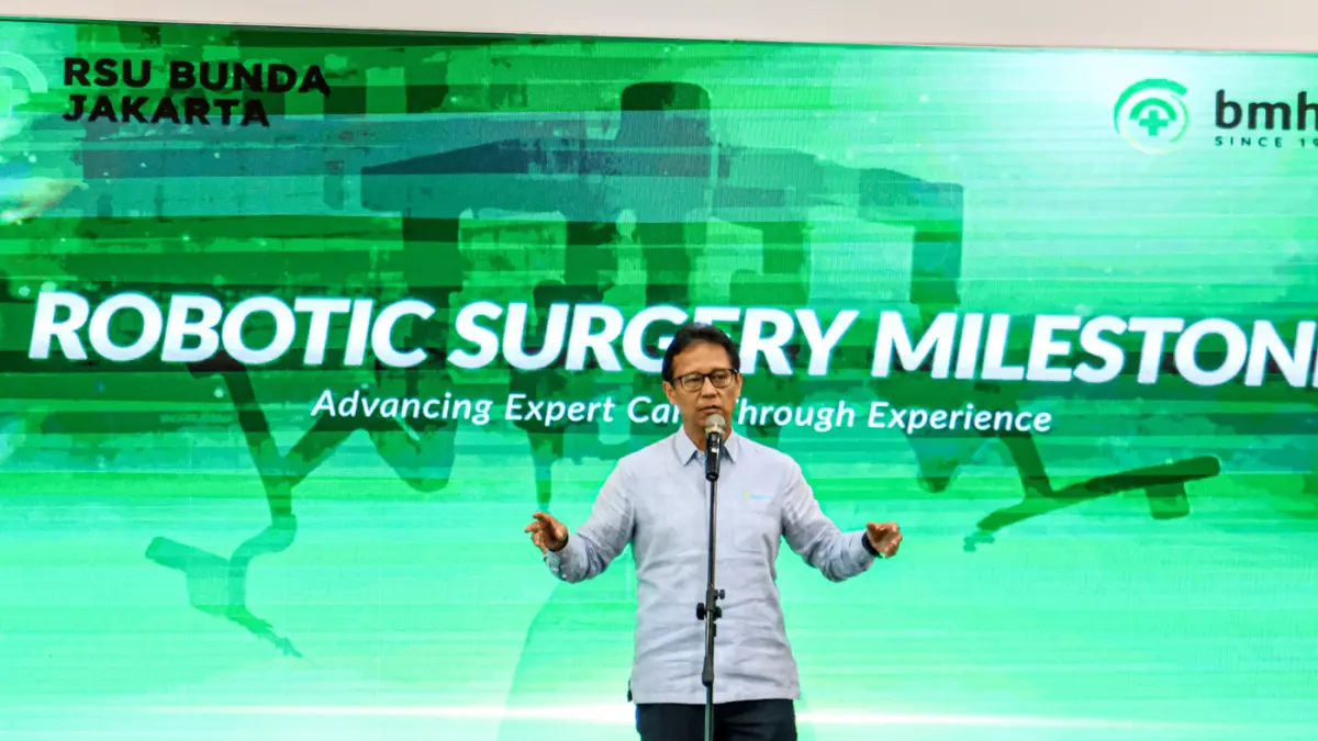 Menteri Kesehatan Republik Indonesia, Budi Gunadi Sadikin memberikan sambutan dalam peluncuran Buku Ajar Bedah Robotik Ginekologi di RSU Bunda Jakarta, Menteng, Jakarta Pusat (27/07/2026). (Hanung Hambara/Jawa Pos)