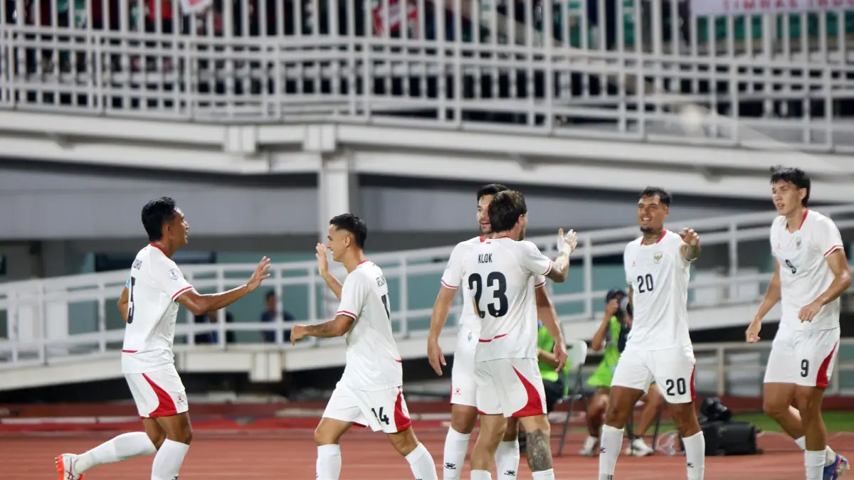 Selebrasi para pemain timnas Indonesia saat melawan Kamboja pada ASEAN Hyundai Cup 2026 di Stadion Pakansari, Kabupaten Bogor, Jawa Barat, Senin (27/7/2026). (Dery Ridwansah/ JawaPos.com)