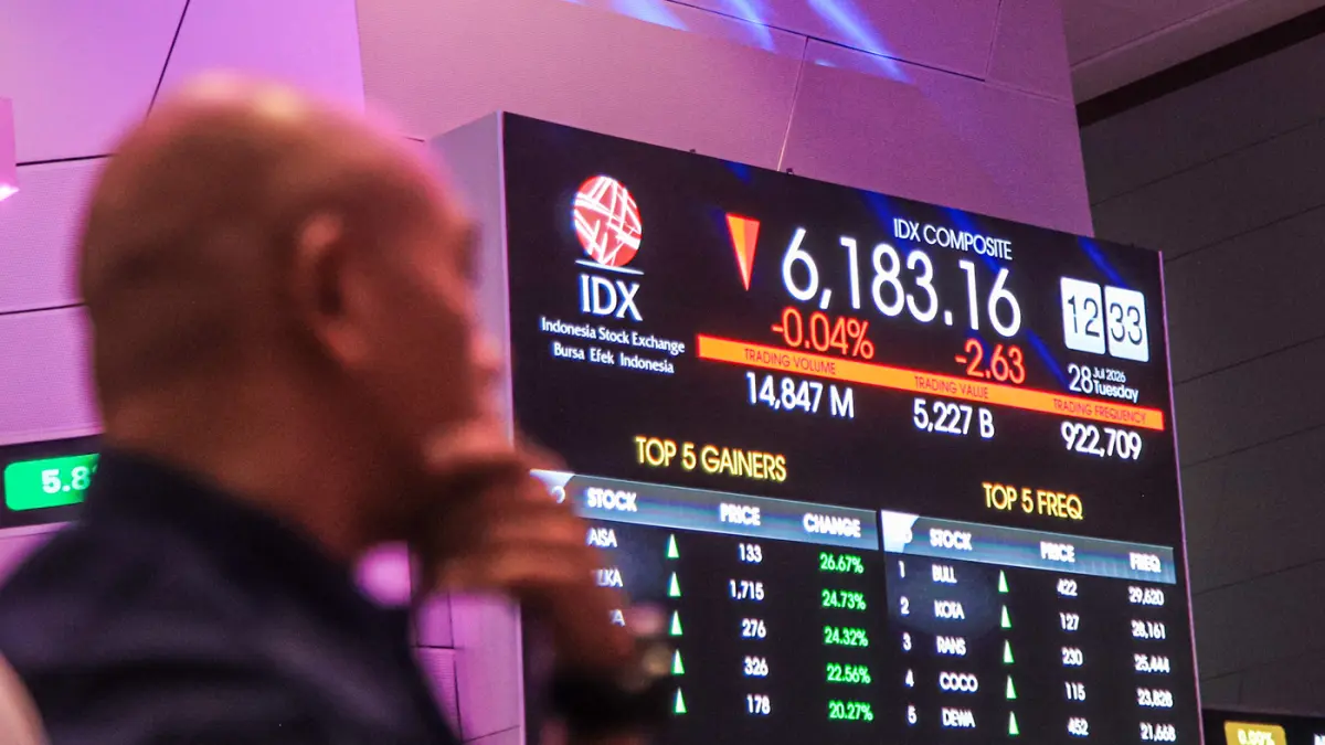 Pekerja berdiri di dekat layar yang menampilkan pergerakan Indeks Harga Saham Gabungan (IHSG) di Bursa Efek Indonesia (BEI), Jakarta, Selasa (28/7/2026). Pekerja berdiri di dekat layar yang menampilkan pergerakan Indeks Harga Saham Gabungan (IHSG) di Burs