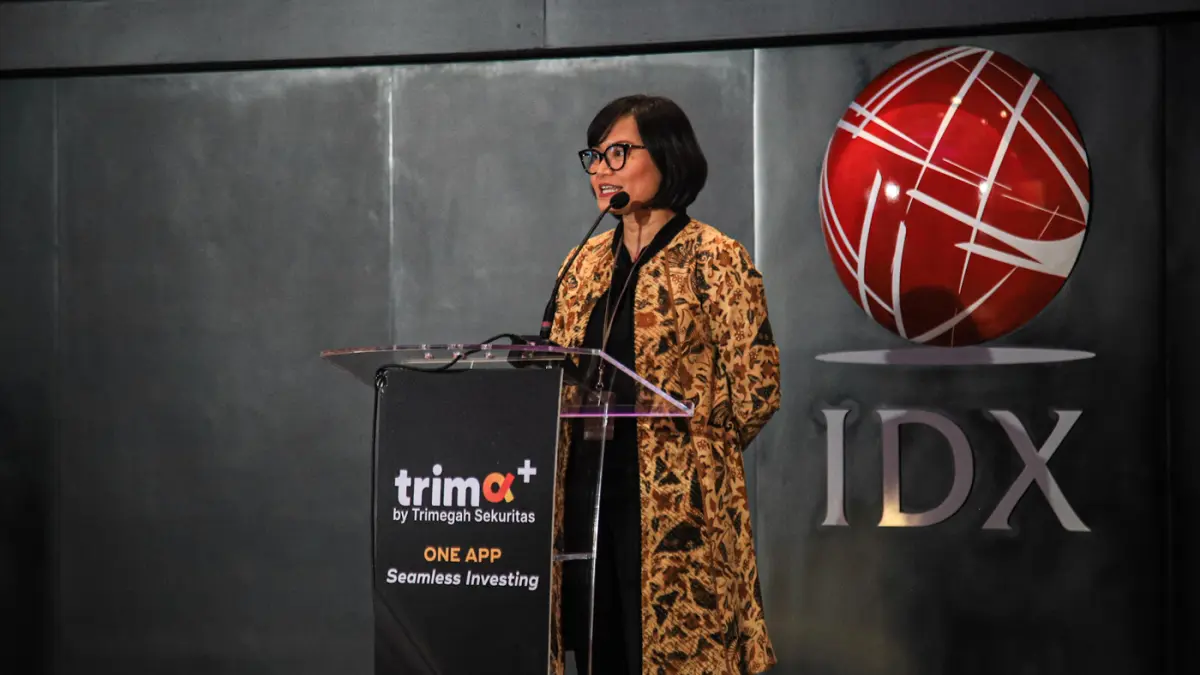 Direktur Surat Utang Negara (SUN) Kemenkeu Novi Puspita Wardani memberi sambutan saat peluncuran pembaruan aplikasi investasi digital Trima+ di Jakarta, Selasa (28/7/2026). (Hanung Hambara/Jawa Pos)