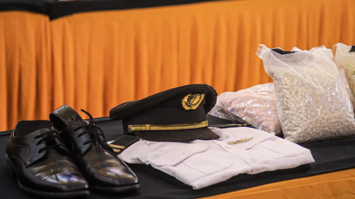 Sejumlah barang bukti dihadirkan dalam rilis penyelundupan narkotika oleh seorang kopilot penerbangan maskapai asing berkewarganegaraan Malaysia di Bandara Soekarno-Hatta, Tangerang, Jumat (31/07/2026). (Hanung Hambara/Jawa Pos)