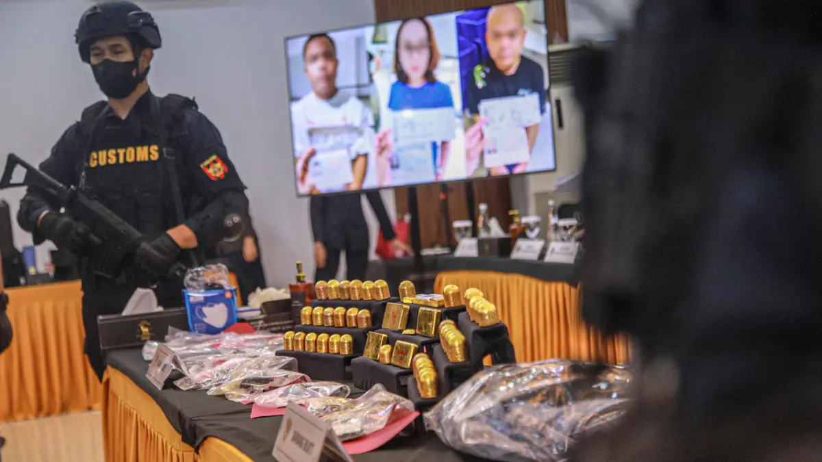 Barang bukti dan foto tersangka dihadirkan dalam rilis penegahan ekspor emas ilegal seberat 23,793 Kilogram dengan nilai Rp.63 Miliar Rupiah di Kantor Bea Cukai Bandara Soekarno-Hatta, Tangerang, Kamis (13/08/2026). (Hanung Hambara/Jawa Pos)