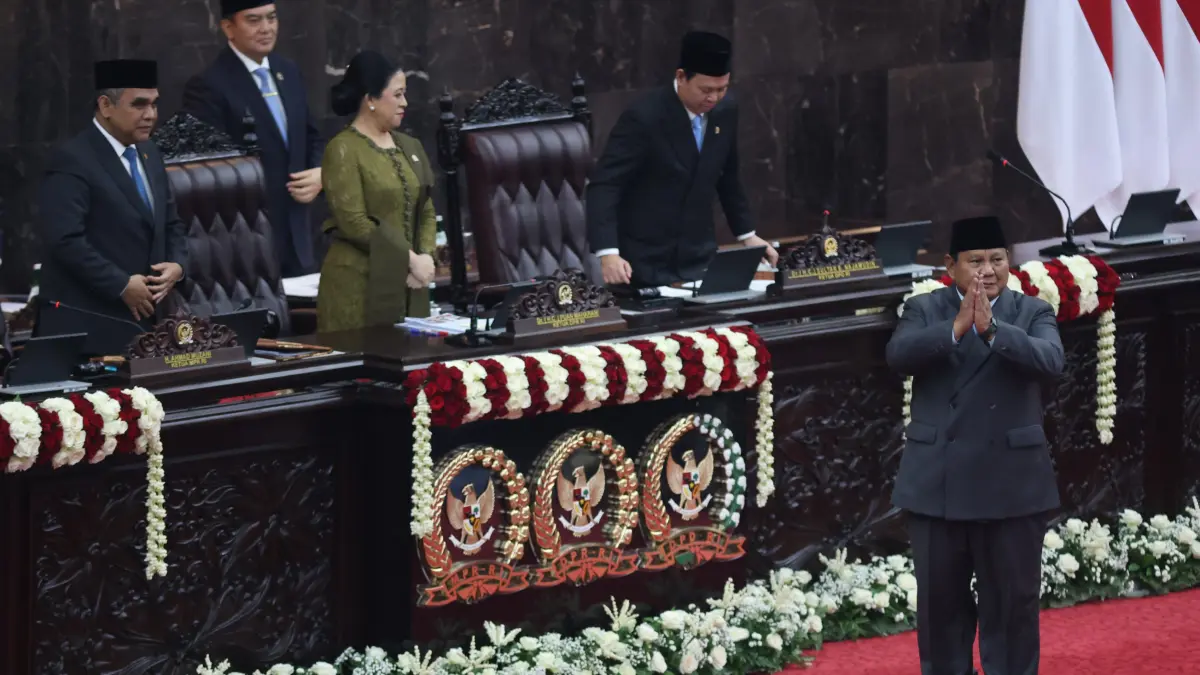 Presiden Prabowo Subianto dalam Sidang Tahunan MPR RI serta Sidang Bersama DPR RI dan DPD RI Tahun 2026 di Kompleks Parlemen, Jakarta, Jumat (14/8/2026). (Salman Toyibi/ Jawa Pos)