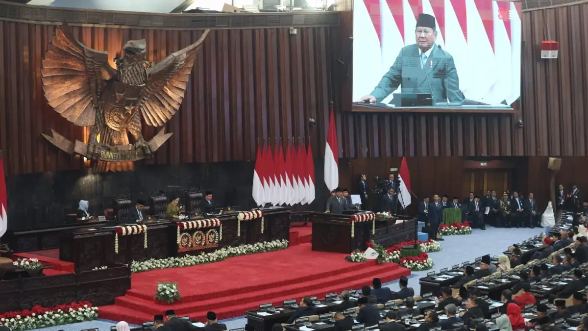 Presiden Prabowo Subianto dalam Sidang Tahunan MPR RI serta Sidang Bersama DPR RI dan DPD RI Tahun 2026 di Kompleks Parlemen, Jakarta, Jumat (14/8/2026). (Salman Toyibi/ Jawa Pos)
