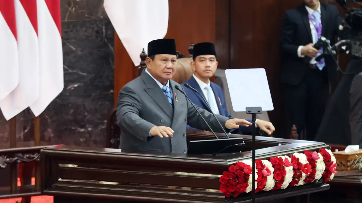 Presiden Prabowo Subianto dalam Rapat Paripurna Pembukaan Masa Persidangan I DPR Tahun Sidang 2026-2027 di Gedung Nusantara, Kompleks Parlemen, Jakarta, Jumat (14/8/2026). (Dery Ridwansah/ JawaPos.com)