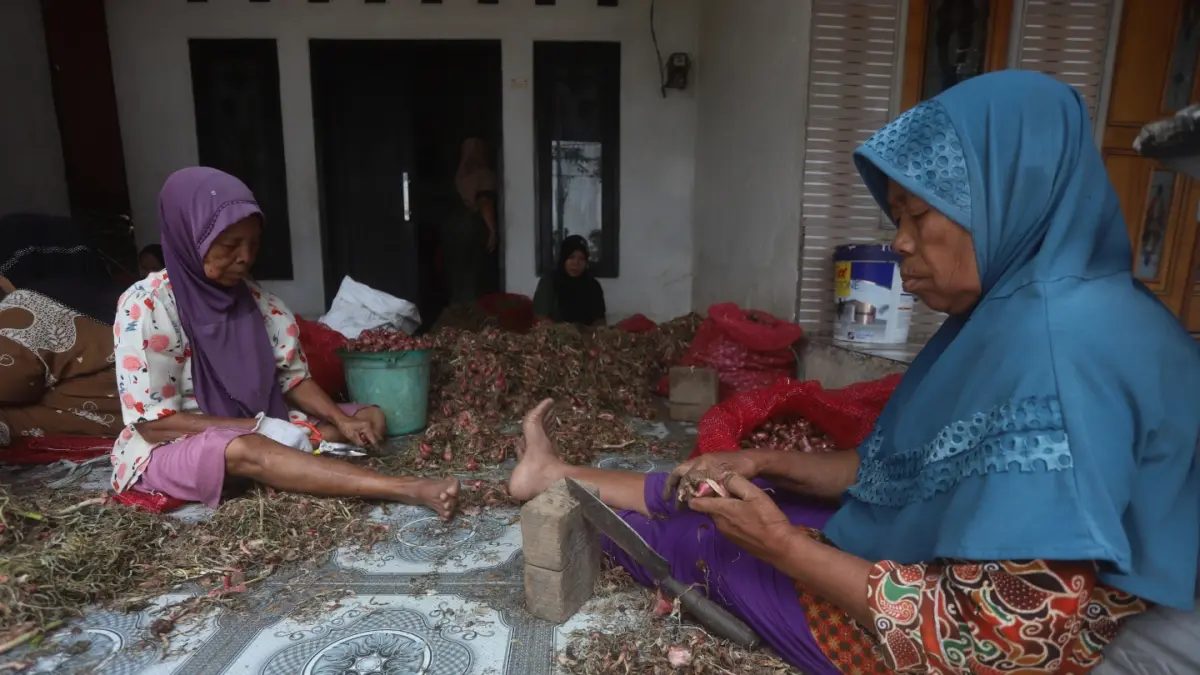 Wanita Pengupas bawang di Mojokerto. (Sofan/ Jawa Pos Radar Mojokerto