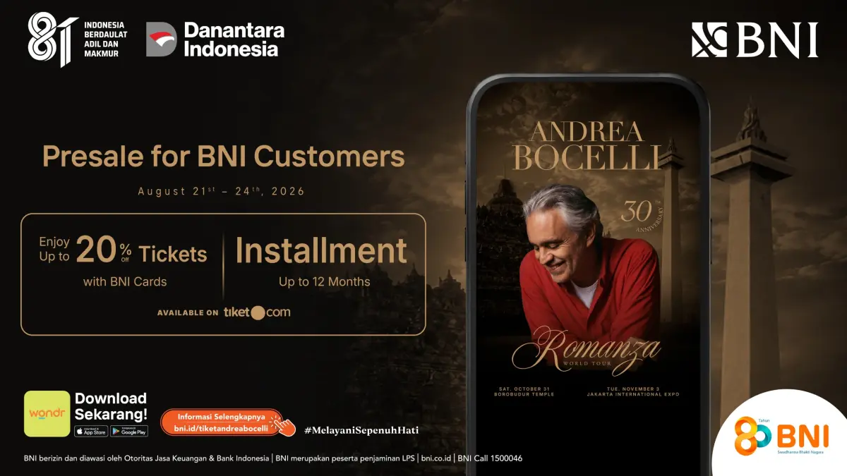 BNI membuka exclusive presale tiket Andrea Bocelli “Romanza - 30th Anniversary World Tour” melalui tiket.com mulai Jumat (21/8/2026) pukul 13.00 WIB. (Istimewa). - Image