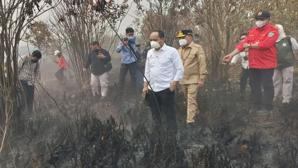 Menhut Raja Juli Antoni didampingi Gubernur Kalteng Agustiar Sabran dan lainnya memantau penanganan karhutla di kawasan Petuk Katimpun, Kota Palangka Raya. (ANTARA/Muhammad Arif Hidayat) - Image