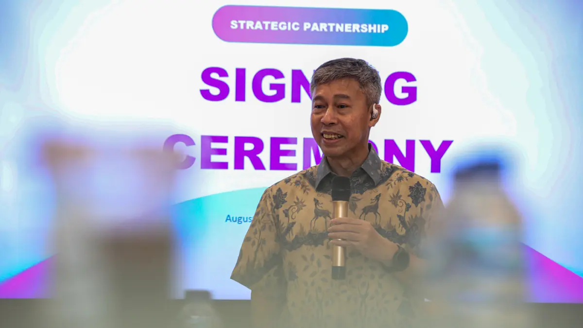 President of CBN Group Dani Sumarsono memberikan paparan saat acara penandatanganan kerja sama kedua perusahaan di Jakarta, Rabu (26/8/2026). (Salman Toyibi/Jawa Pos)