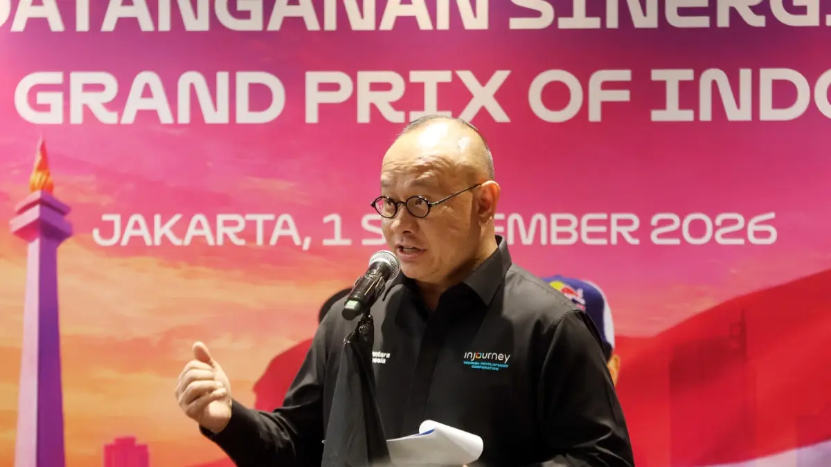 Direktur Operasional InJourney Tourism Development Corporation (ITDC) Troy Reza Warokka menyampaikan sambutan saat acara penandatanganan sinergi bisnis Pertamina Grand Prix of Indonesia 2026 di Gedung Sarinah, Jakarta, Selasa (1/9/2026).