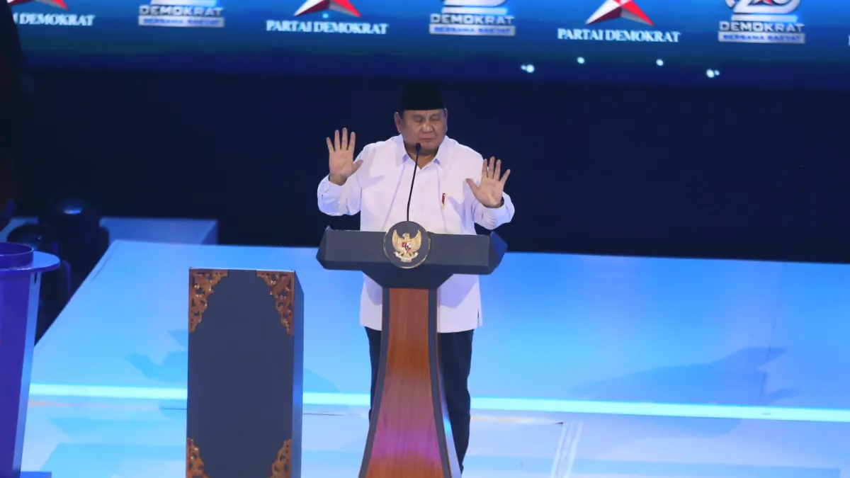 Presiden Prabowo Subianto saat acara HUT ke-25 Partai Demokrat di Indonesia Arena, GBK, Senayan, Jakarta, Rabu (9/9/2026). (Dery Ridwansah/ JawaPos.com)