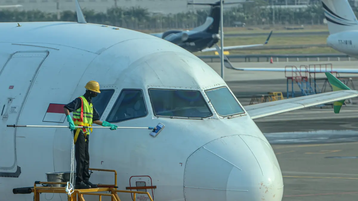 Sejumlah kru darat membersihkan badan pesawat dari paparan partikel abu vulkanik di Bandara Soekarno-Hatta, Tangerang, Senin (07/09/2026). (Hanung Hambara/ Jawa Pos)