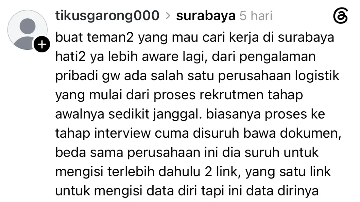 Tangkapan layar pemilik utas yang menceritakan diduga menjadi korban pelecehan seksual saat interview kerja di perusaan logistik Surabaya. (tangkapan layar) - Image