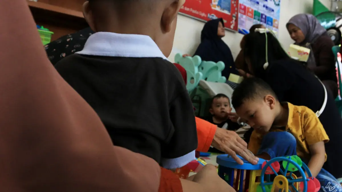 Balita bermain saat kegiatan implementasi pencegahan dan percepatan penurunan stunting di Semarang, Jawa Tengah, Rabu (23/9/2026)
