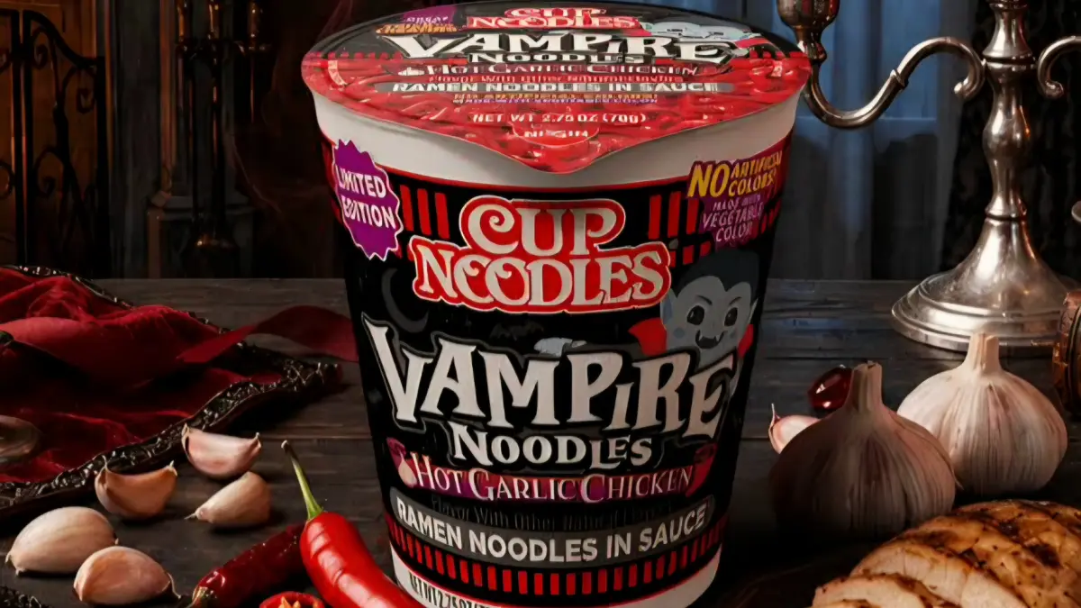 Ilustrasi mie dalam kemasan unik bertema Halloween yang bisa berubah warna merah saat kena air. (NissinFoods) - Image