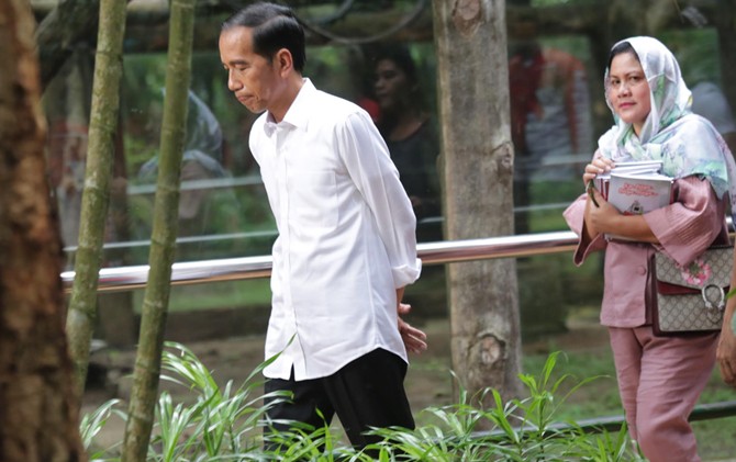 Iriana Jokowi (kanan) dengan tas Gucci saat mengunjungi kebun binatang Ragunan, Kamis (29/6) - Image