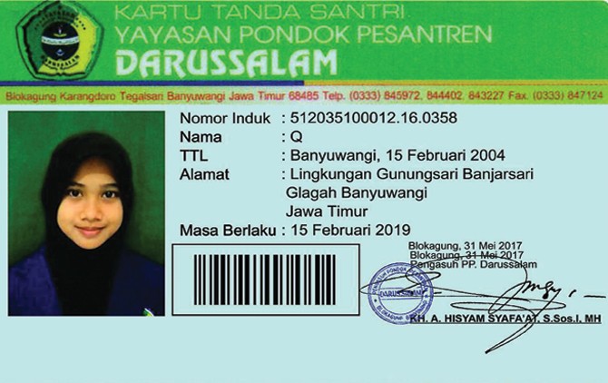 SATU HURUF: Kartu santri Q ketika menempuh pendidikan di Ponpes Darussalam Blokagung Banyuwangi. - Image
