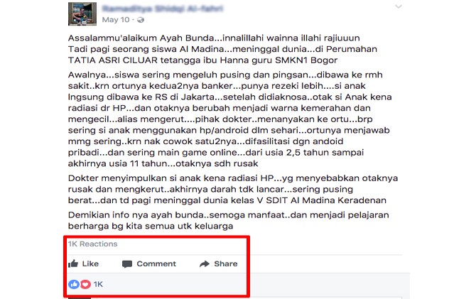 BIKIN HEBOH SAJA: Status seseorang di media sosial terkait radiasi ponsel. - Image