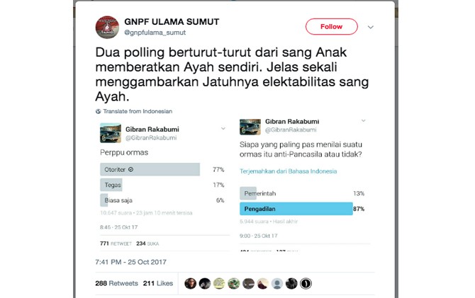 TAK BENAR: Penyebar hoax mencatut nama anak sulung Presiden Joko Widodo untuk membuat polling. - Image
