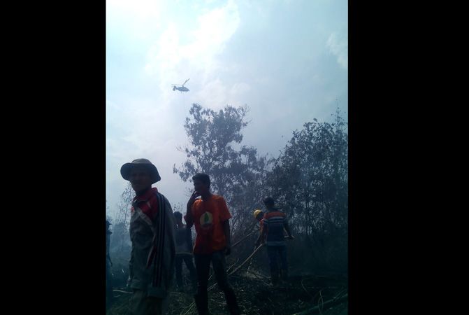 Proses pemadaman kebakaran hutan dan lahan yang terjadi di Kota Dumai, Riau, beberapa waktu lalu. - Image