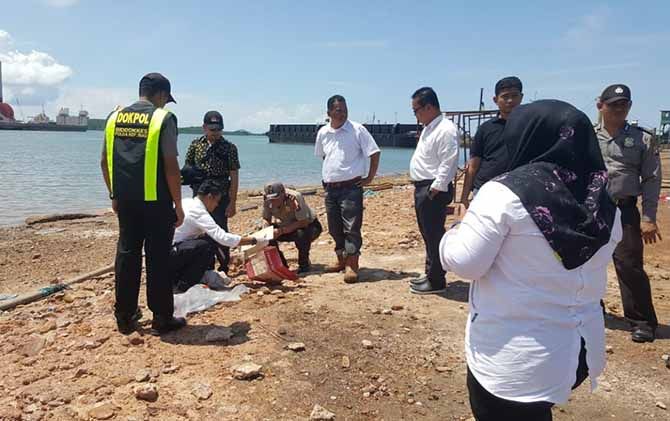 BAYI: Petugas Polsek Sekupang dan tim forensik mengevakuasi mayat bayi di bibir pantai di Kecamatan Sekupang, Batam, Senin (19/11). - Image