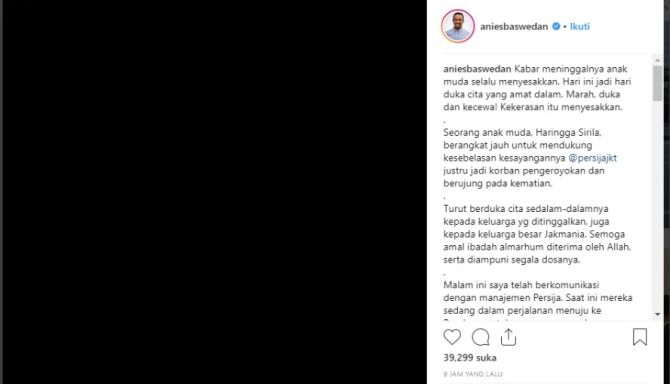 Gubernur DKI Jakarta Anies Baswedan mengucapkan belasungkawa atas meninggalnya salah satu suporter Persija yang bernama Haringga Sirila. - Image