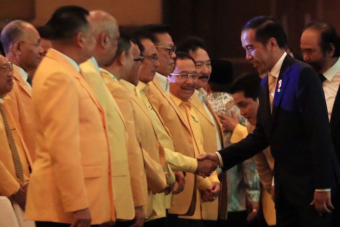 Presiden Joko Widodo (Jokowi) saat hadir dalam perayaan HUT Partai Golkar ke-53. - Image